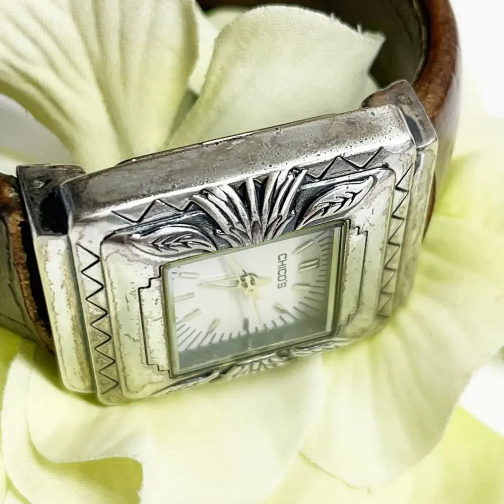 Chico's Silver & Brown Leather Etched Hinge Watch